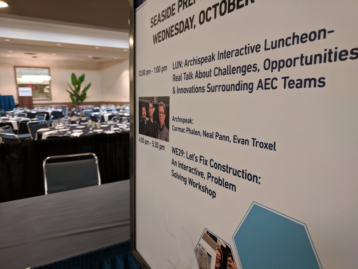 EricDLussier's tweet photo. Looking for the @archispk Luncheon or the #FixConstruction #WE29 location? Go to the end of the halls for the Performing Arts Center Seaside rooms by the restrooms. #CONSTRUCT #CONSTRUCT2018 https://t.co/yPqapp5Z4z