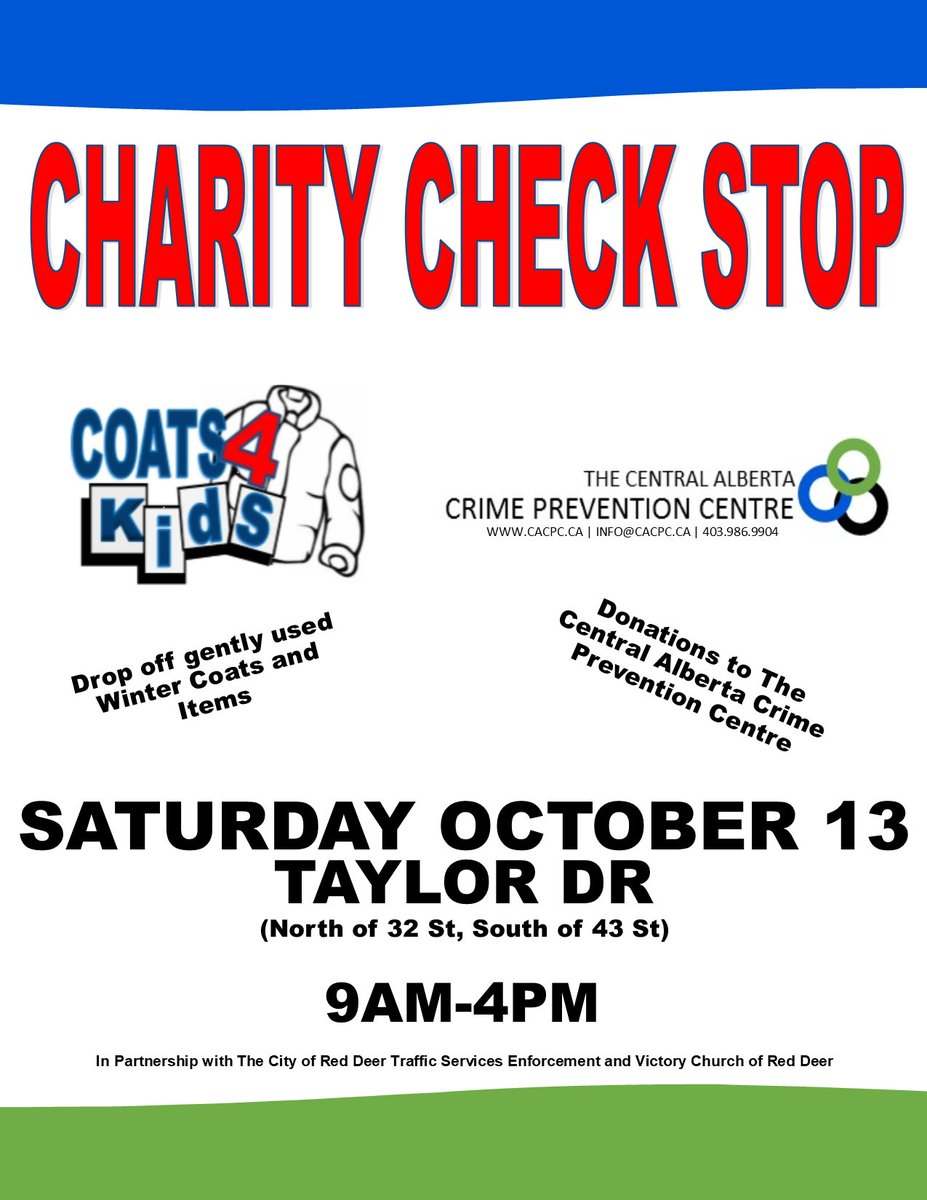 CrimePrevCtr's tweet photo. It's coming soon โฆ our Charity Check Stop event! Drop off gently used winter coats and cash for crime prevention on Saturday, Oct. 13th at our temporary depot on Taylor Drive. Watch for signs!
#reddeer #crimeprevention #cityofreddeer #coatsforkids #charitycheckstop https://t.co/ZlyL8CTrG6