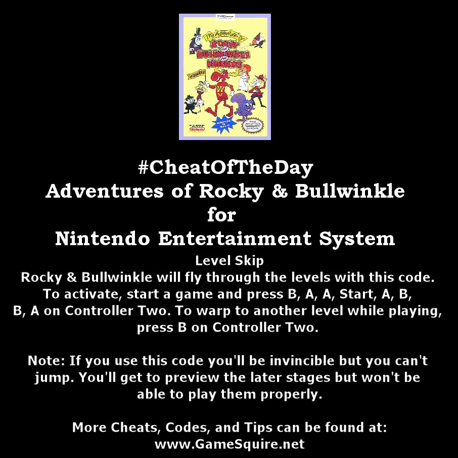 GameSquire's tweet image. #CheatOfTheDay #AdventuresOfRockyAndBullwinkle #LevelSkip #NintendoEntertainmentSystem instagram.com/p/BoemBwDlLMu/ #Imagineering #RadicalEntertainment #THQSoftware #NES #Nintendo #Ninstagram #Gaming #Gamers #Gamer #GamersUnite #RetroCollective #GameCollector #VideoGames #VideoGamer