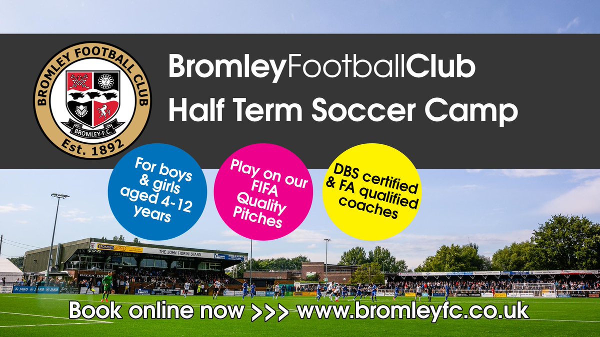 SOCCER CAMP ⚽️

Our Soccer Camp is back this October half term!
✅ 5 days of football, 9am-3pm!
✅ Experienced, qualified coaches
✅ Excellent facilities
✅ Special guest appearances
✅ Plenty of fun!

Book here 👉bromleyfc.tv/site/october-h…

#WeAreBromley