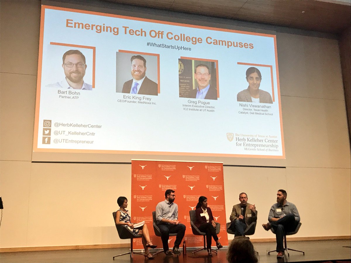 UT_Kelleher_Ent's tweet photo. Emerging Tech Off College Campuses - awesome, needed conversation here at @AtxStartupWeek!! Thank you for the knowledge share @vtruskett @bartbohn @IC2Institute @ATI_UT @MedNoxa @AusTXLifesci @DellMedSchool @UTOTC 🤘#WhatStartsUpHere @UTexasMSTC #ASW18 https://t.co/UUKpygEEIG