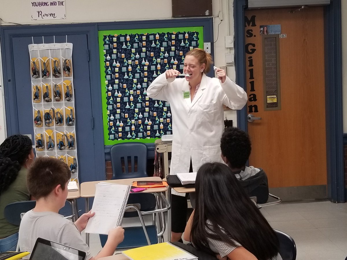 Ms. Gillan being a "good sport" with learning how to write procedures correctly using the scientific method.  #CMSOneGoodThing #collsedu