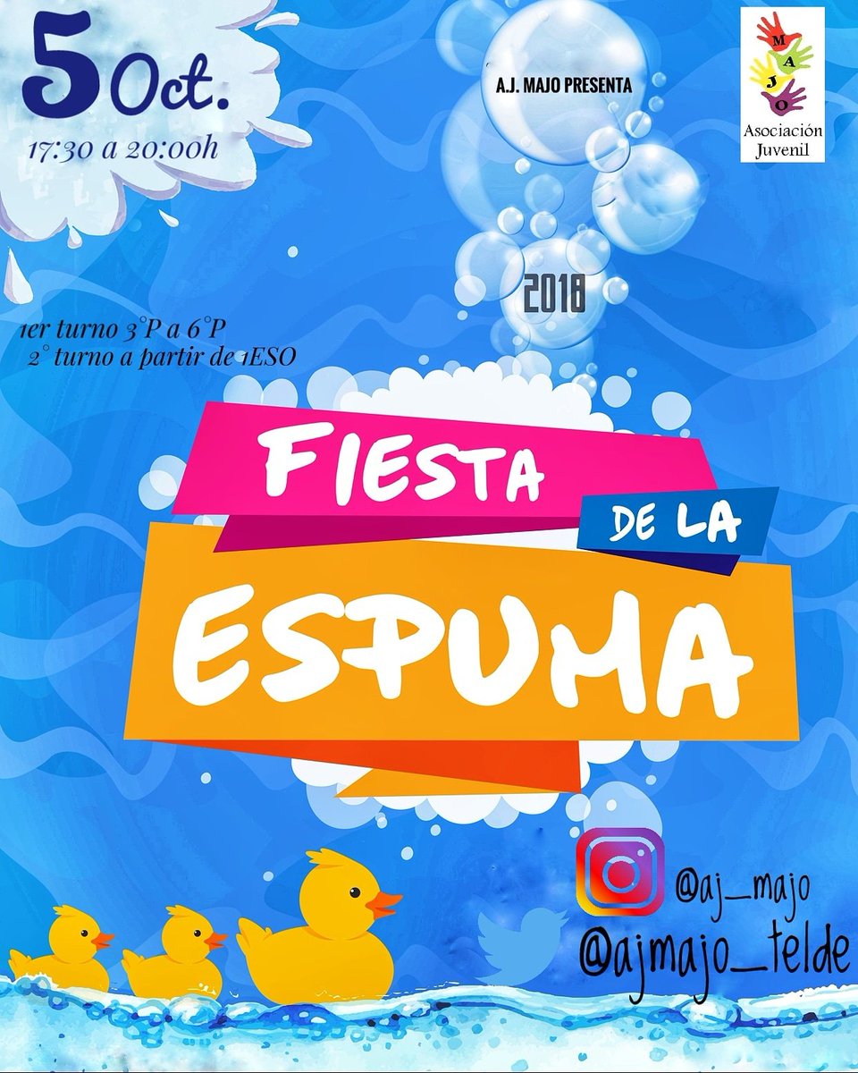 AJMAJO_Telde's tweet photo. ¡FIESTA DE LA ESPUMA! 
Espuma, música, actividades, deportes, etc.
Socios: entrada gratuita
No socios: 2€
A que esperas para decírselo a tus amigos. #FiestaEspumaMajo https://t.co/GH28Yve6VO