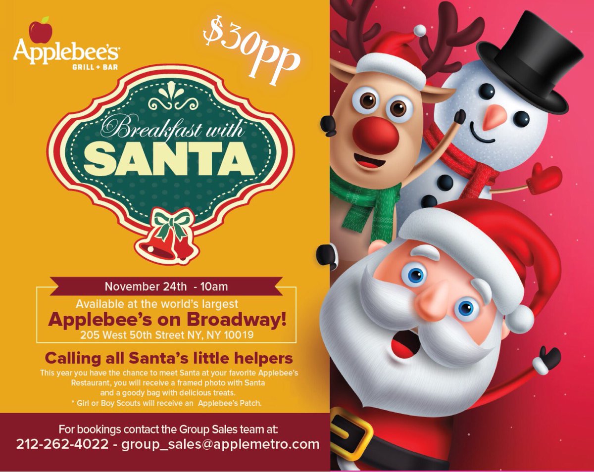 ApplebeesGroups's tweet image. You cannot miss this event! 
Bring your kids to their favorite restaurant to enjoy a delicious breakfast buffet and the chance to meet Santa! 
You will  receive a framed picture with Santa and a goody bag!
*Girl &amp;amp; Boy Scouts will receive an Applebee's Patch!
BUY YOUR TICKETS NOW!