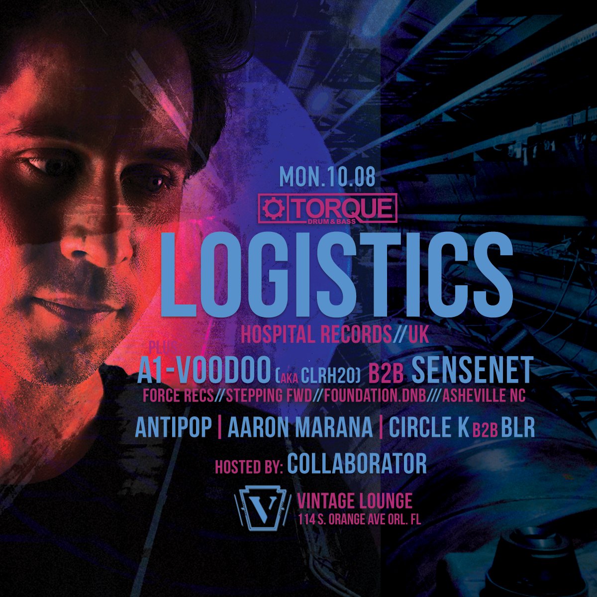 torquednb's tweet photo. this monday at Torque, don't miss @LogisticsDNB in Orlando, Fl at Vintage Lounge. https://t.co/wlmThTNvT8
