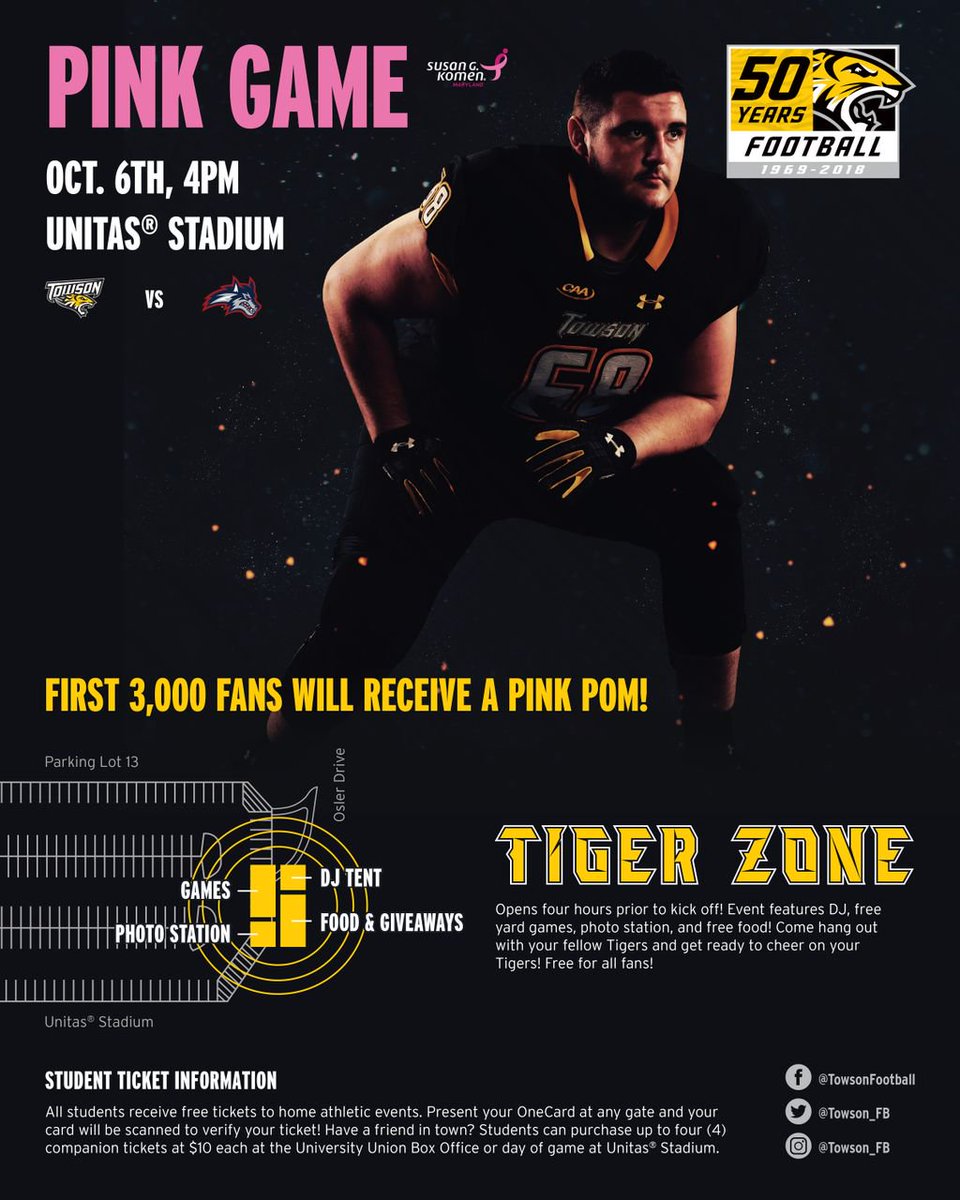 weekends_at_tu's tweet photo. Come out to the Athletics and The Office of Student Activities Tailgate! Show your Towson Tiger spirit, and enjoy free food, games, music & more! The Fan Zone starts at 12pm in Lot 13 until game time ๐๐ฏ. First 3000 fans will get a pink pom! #WeekendsAtTU https://t.co/nFeW9IuX13