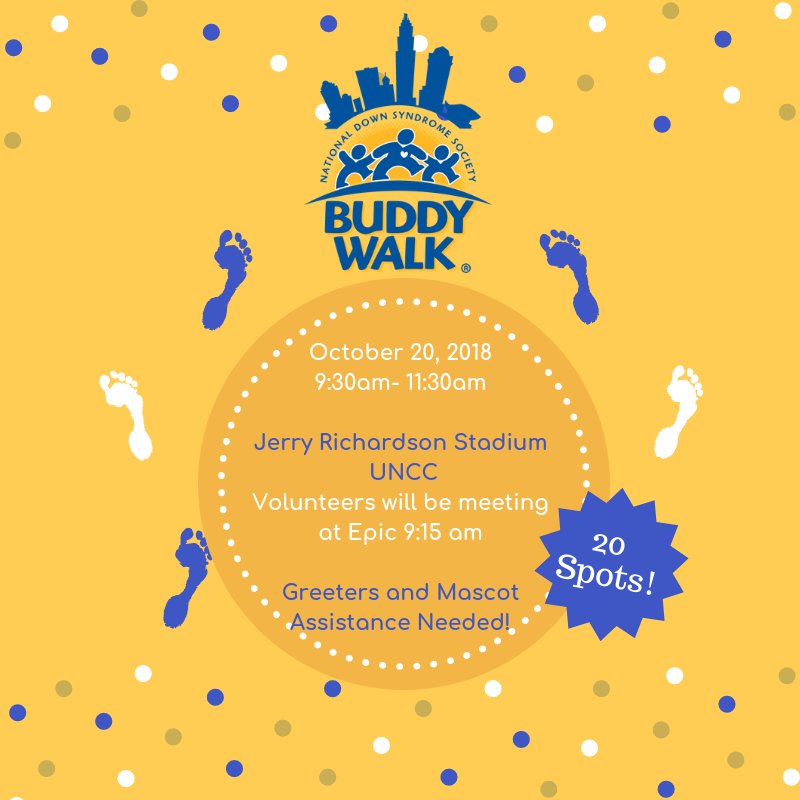 NEW VOLUNTEER OPPORTUNITY: The Down Syndrome Association of Greater Charlotte Buddy Walk will be held on October 20th at Jerry Richardson Stadium! RSVP on Niner Engage!!!

#UNCC #UNCCVolunteers #NinerNationServes