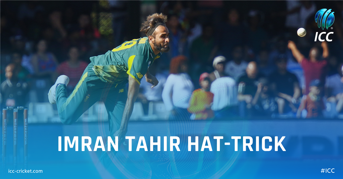 ICC's tweet photo. What a spell from Imran Tahir! A hat-trick, four wickets in six balls, and his third five-wicket haul in ODIs. Not bad for a 39-year-old!

#SAvZIM LIVE ➡️ https://t.co/91X4sxRIgH https://t.co/oJ8ycgDzjz