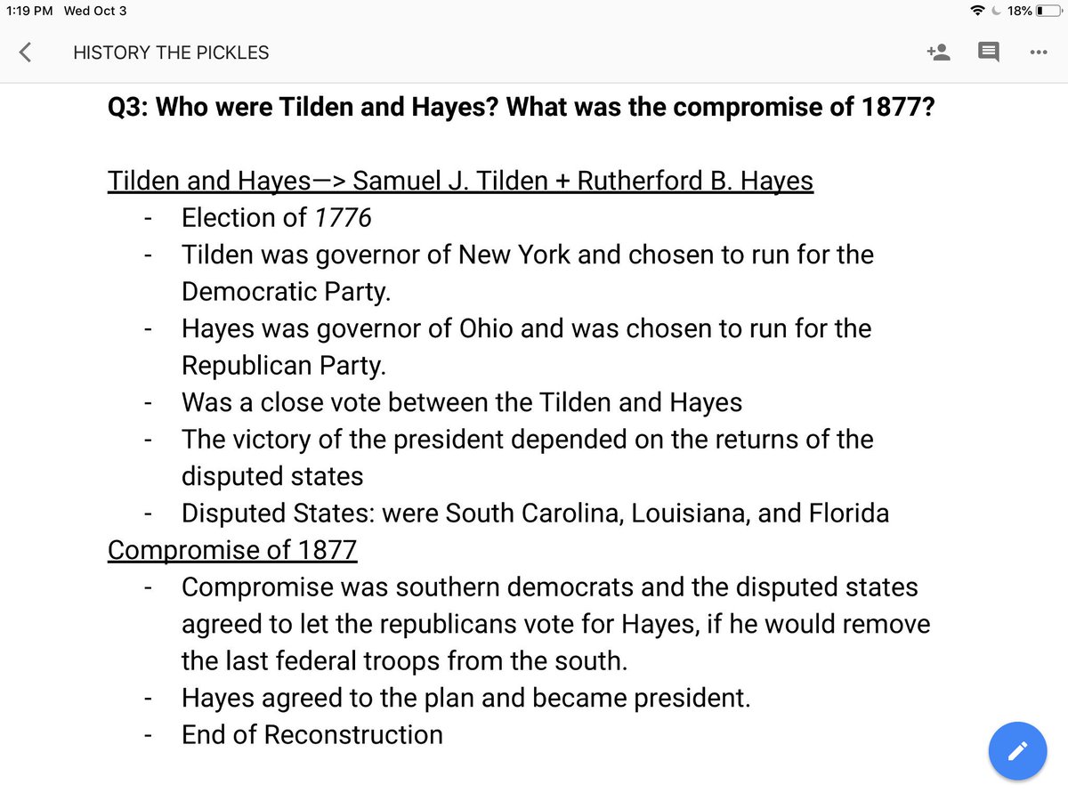 ElizabethV_bcds's tweet photo. Who were Tilden and Hayes? What was the compromise of 1877?#BCDSHist8 https://t.co/y1cjH91hFb