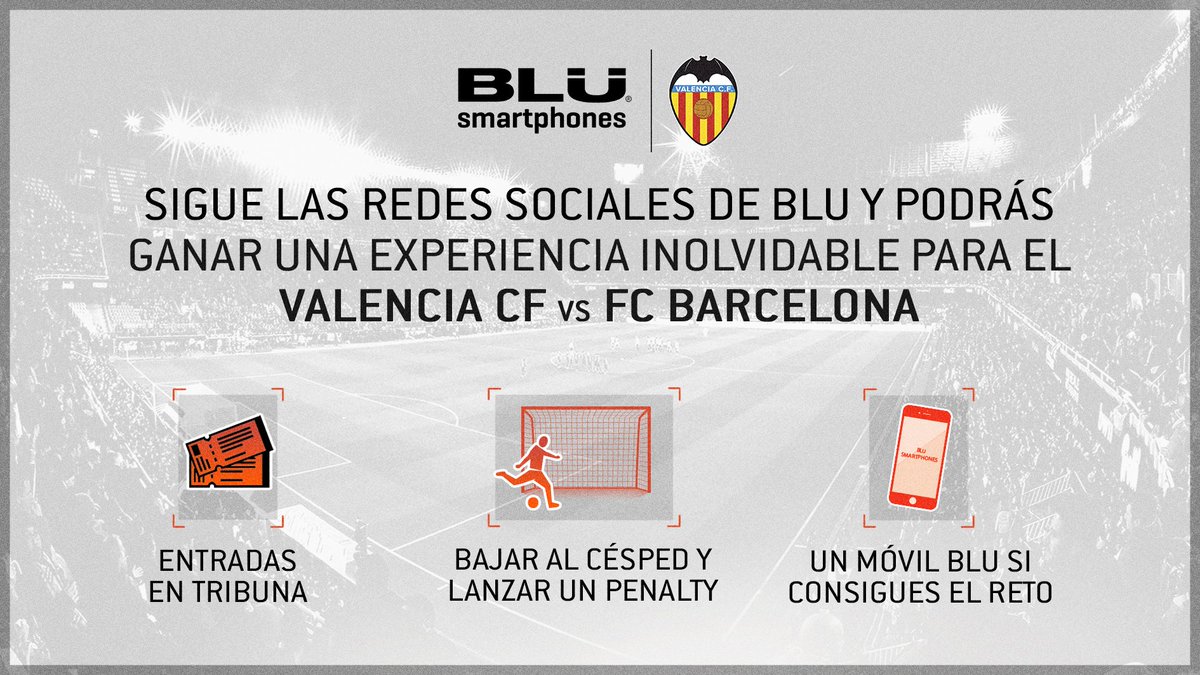 valenciacf's tweet photo. ¡Planazo para el #ValenciaBarça 😍!

🎟🎟 Ver el partido en tribuna
💫⚽ lanzar un penalty en el descanso 🥅
🤳 Si superas el reto, ganarás un móvil @BLU_Products 

¿Qué tienes que hacer? Sigue a @BLU_Spain, haz 🔁 RT, y menciona a un amigo ¡Sólo hasta el 05/10 a las 22 horas! https://t.co/UUgHd4MHeF