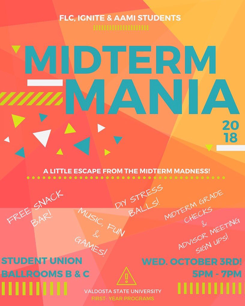✨Don’t forget! Midterm Mania is TODAY from 5-7pm in the Student Union Ballrooms! Stop By and have some fun!🔥🎉✨ #VSTATE22