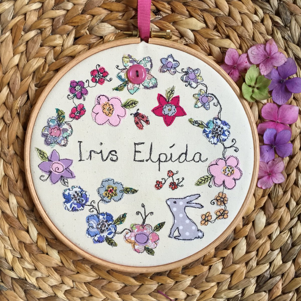 LittleMabel3's tweet photo. My latest ‘Name Flower Hoop’ Ordered as a gift for a baby. Hopefully little Iris will treasure it for years to come  https://t.co/KXKQdmKEex https://t.co/1WFCKx9yNx