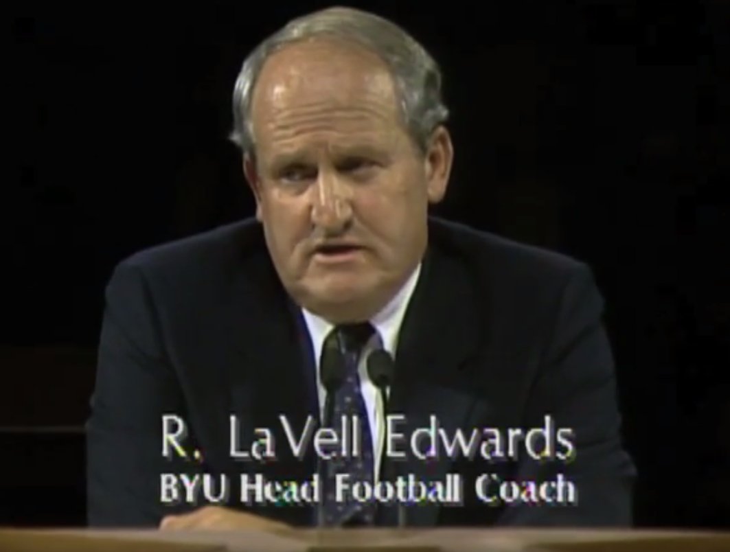 BYU's tweet photo. Just remembering that time LaVell Edwards spoke at #GeneralConference in the MIDDLE OF A NATIONAL CHAMPIONSHIP WINNING SEASON!!!!! https://t.co/FFI2BvDNhS