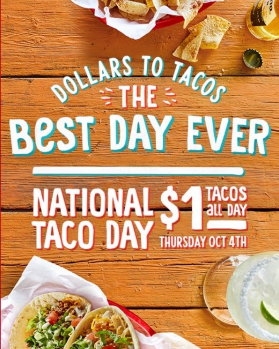 BRFuzzysTaco's tweet photo. Tomorrow's our favorite day of the year! Celebrate with us with $1 tacos all day! https://t.co/qwnV4huYa4