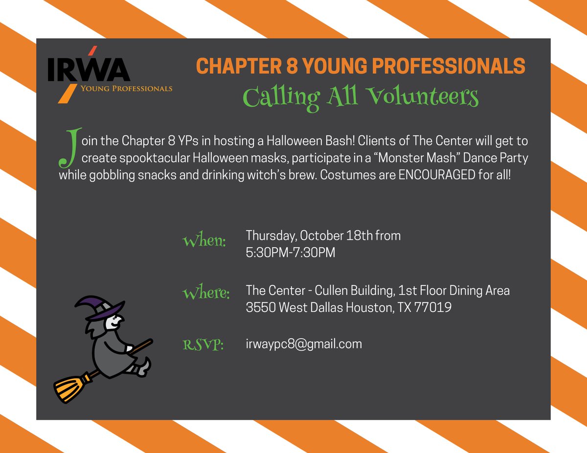 IRWAYP_CH8's tweet photo. Join us @TheCenterHOU on Thurs, Oct. 18th for a spook-tacular time playing games, doing crafts and our favorite-DANCING! @IRWAYP_Region2 @IRWAYP @IRWA_Network  #youngprofessionals #irwa #halloween #giveback #volunteer https://t.co/gxZKrwSanp