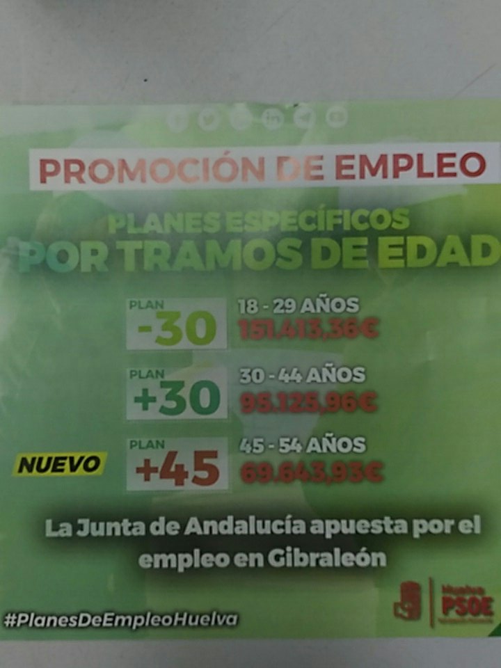 psoegibraleon's tweet photo. #SusanaCumpleConHuelva 
Planes de empleo. 
316.183,25 € para contratar a desempleadxs de #Gibraleón https://t.co/Ohb4bMZkSh
