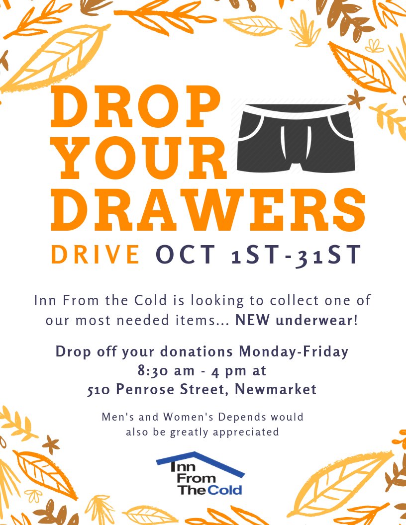The drop your drawers drive is back! 

To help us prepare for the upcoming season (1 month away), we are asking for new pairs of men's/women's underwear S,M,L, long underwear, and men's/women's depends. 

Underwear is one of the least donated items, but is one of the most needed!