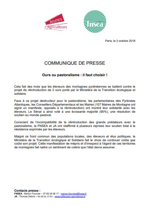 FNSEA's tweet photo. Ours ou pastoralisme: il faut choisir ! Malgré le front commun des populations locales, éleveurs et élus politiques, @Min_Ecologie fait le choix de continuer son projet. FNSEA &amp; @JeunesAgri réaffirment leur soutien à la
résistance exprimée par les éleveurs https://t.co/mYUFbzFiIb https://t.co/kRCPu0sH5n
