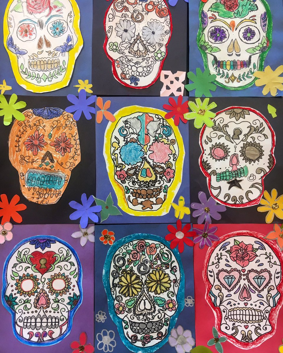 CbeARTstudio's tweet photo. Incredibly proud of these 4th grade Sugar Skull drawings. #hispanicheritagemonth #cbeartstudio #bukhairbears #elementartyart #arteducation #sugarskulls #risdconnects #RISDGreatness https://t.co/HvheGXLTTg
