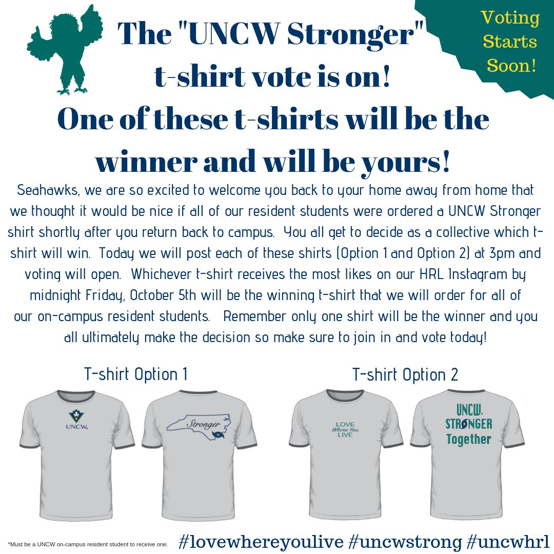 UNCWHRL's tweet photo. Seahawks, we are so excited to welcome you back to your home away from home that we thought it would be nice if all of our resident students were ordered a UNCW Stronger shirt Please go to our Instagram page to vote and read details.. https://t.co/mKCZnXq8sa
#uncwstrong #uncw https://t.co/yI6gbDUsma