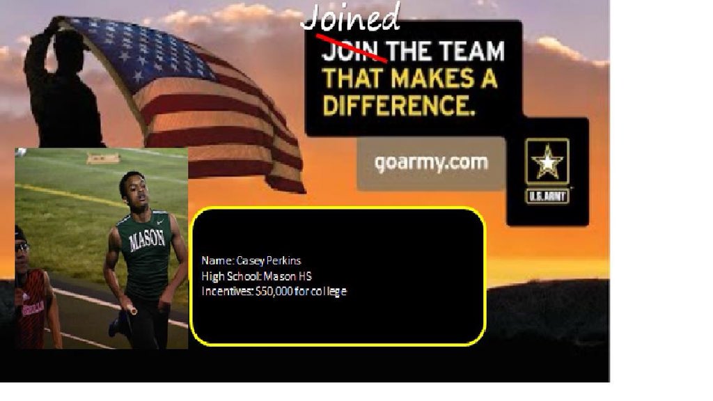SergeantPeters's tweet photo. Congratulations to Mason HS senior Casey Perkins for joining the United States Army Reserves this week! @MHSsportsradio @MHSComets @SSG_Ryan_ @cntjones @KingsMillsRctg @bobby__dodd @MasonCometsFB @KingsCdr https://t.co/Hd4XEpfJOU