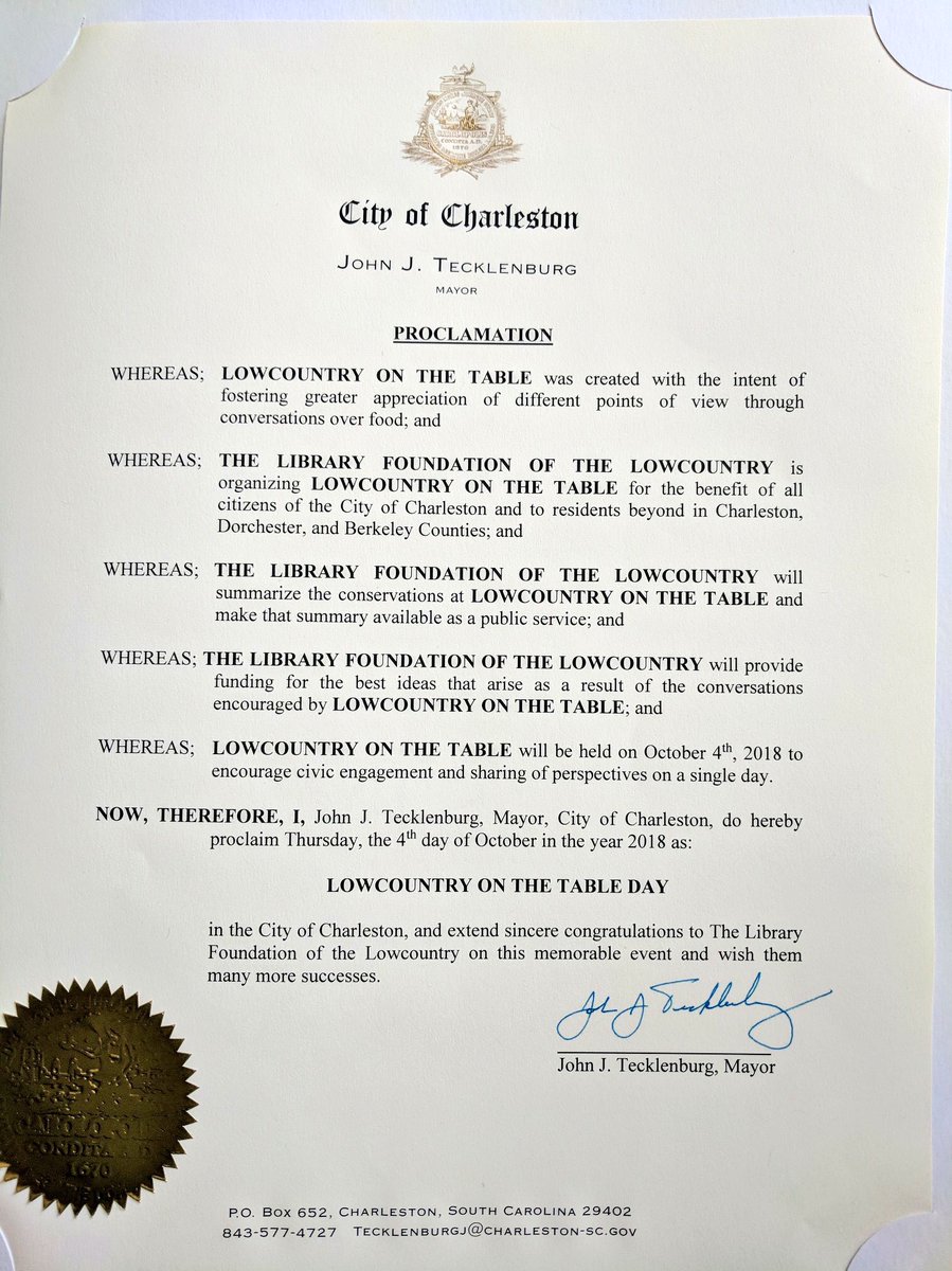 onthetablesc's tweet image. Tomorrow is officially Lowcountry On The Table Day! Thank you @CityCharleston and Mayor @JohnTecklenburg