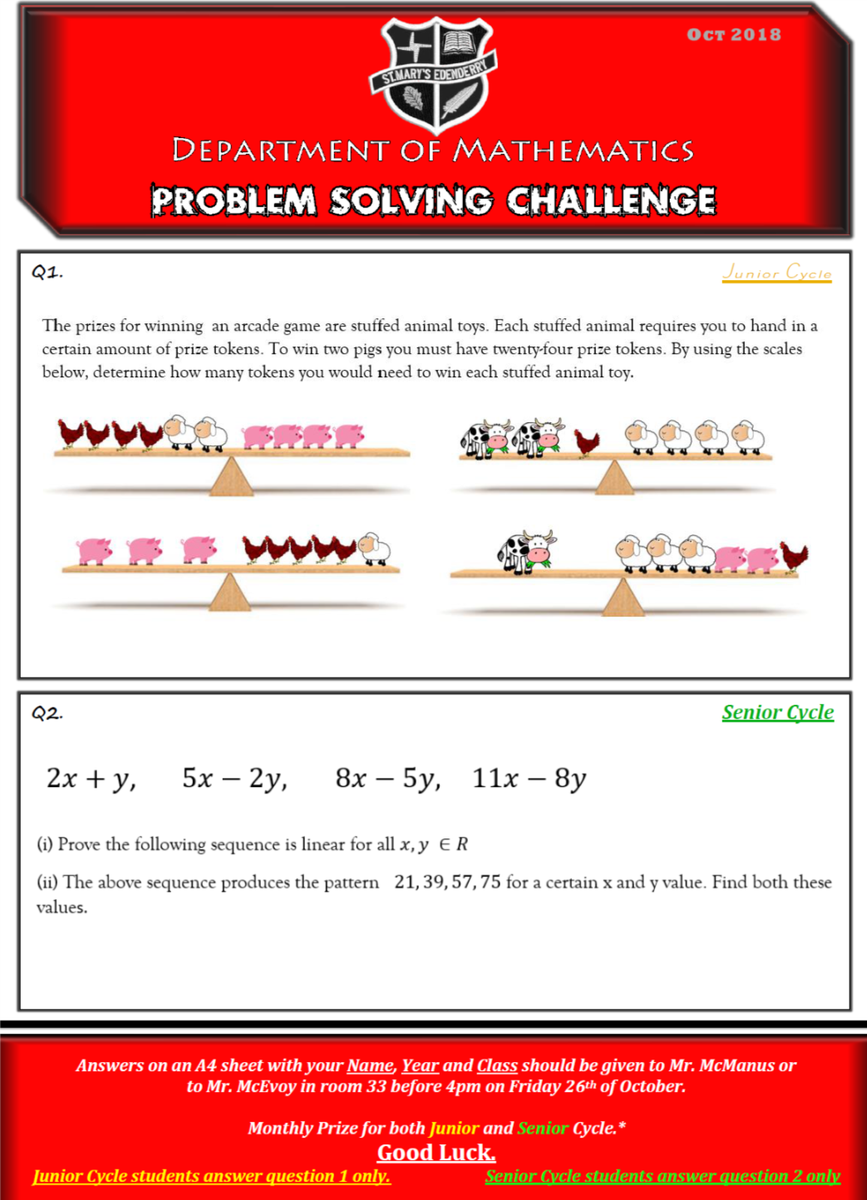 SMESecondary's tweet photo. Here is the Maths Department's October Problem Solving Challenge. Entries to Mr. McManus or Mr. McEvoy before 4pm on Friday 26th Oct. #STEM ~#Maths #ProblemSolvingChallenge @mathsweek https://t.co/vpHeZTDq9W