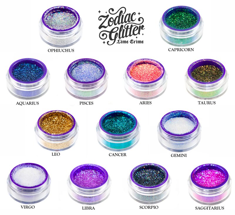 LimeCrime3's tweet photo. Our new Collection of Zodiac glitter. Which Zodiac sign are you? Did we guess your Favourite glitter? #UCLASMM https://t.co/hIFNDELEE3