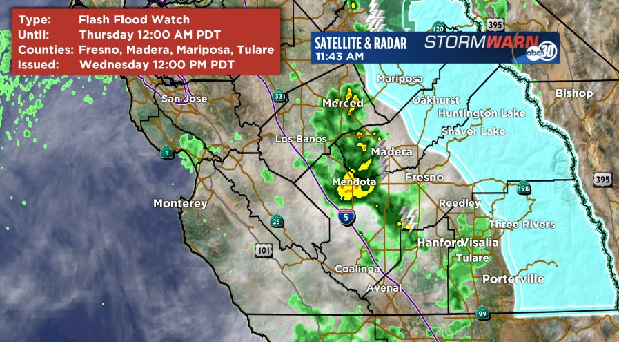 ABC7BriannaR's tweet photo. Flash Flood Watch in effect for recent burn scar areas from the Ferguson, Railroad and Pier Fire through 12AM Thursday which covers parts of Fresno, Madera, Mariposa and Tulare counties #CaWx https://t.co/M3R1t9AA2h
