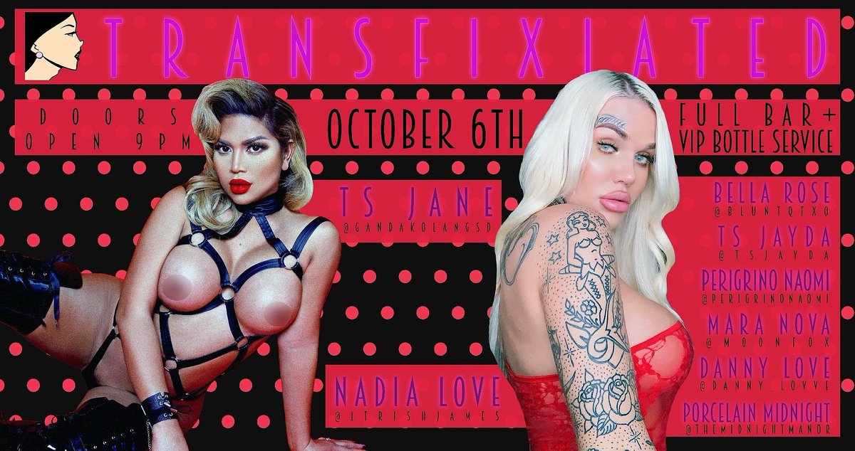 Transfixiated1's tweet photo. This Saturday Oct 6th @Transfixiated1 strip night hosted by @clubheathen Come show these girls some love. @gandakolangsd @tsNadialove @tsjayda @dannylovehoney @Perigrinonaomi @sailorFOX @bluntqtxo w/ special guest @DommePorcelain https://t.co/DHUjemL2fZ