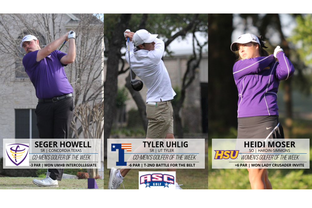 ASC_sports's tweet photo. GOLF | @CTXAthletics Seger Howell, @uttylerpatriots Tyler Uhlig and @HSUAthletics Heidi Moser named ASC Golfers of the Week https://t.co/HNtEo3kIbT #ASCgolf #d3golf https://t.co/Hmh9tQs0QM