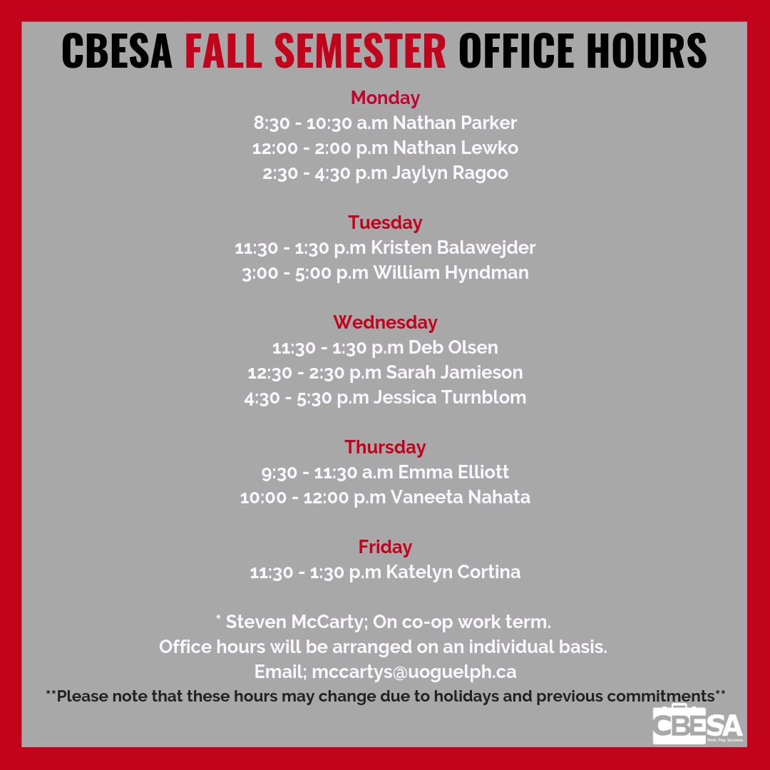 cbesa_guelph's tweet photo. Wondering where to get your Commerce Card so you can reap the amazing benefitsโ
Here is the CBESA office hour scheduleโ๏ธโ๏ธThe office is located in the basement of Macdonald Hall ๐ซ
(ps. You can also pick up your merchandise orders here ๐๐)
#CommerceCard #WorkPlaySucceed https://t.co/wrFO90WghZ