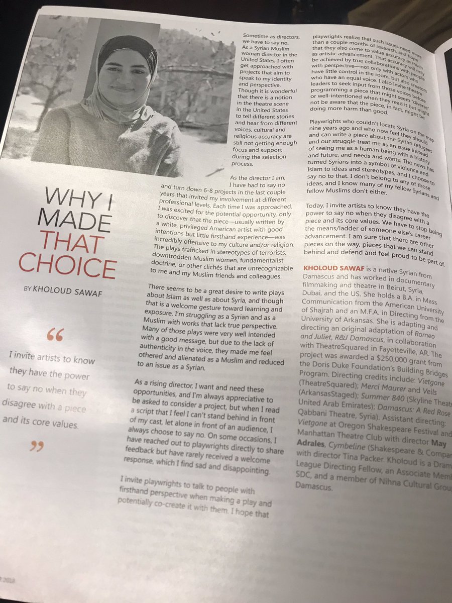 profcarlyobrien's tweet photo. So proud of @KholoudSawaf for making the cover of the @SDCweb Journal! What an incredible reminder about the dangers of tokenizing experiences and cultures that do not belong to us, and the power we have as directors to say no. #ladyhero https://t.co/blXjhRgPqg