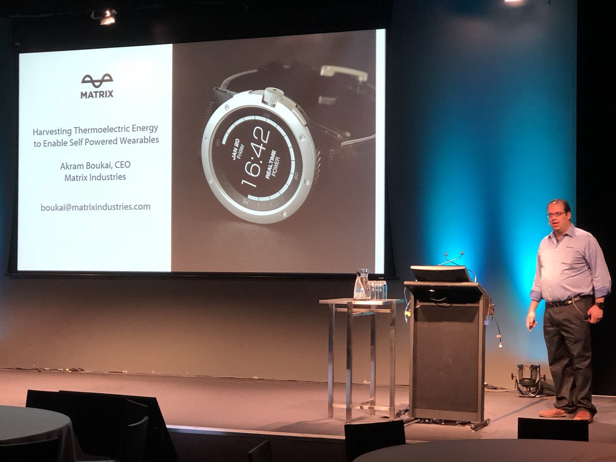 WT_AUS's tweet photo. International Keynote, Akram Boukai, CEO of Matrix Industries speaks now on ‘Harvesting Thermoelectric Energy to Enable Self Powered Wearables’ at #WTAUS18! #wearables #wearabletech @matrixpowered https://t.co/r3yHwwvewR