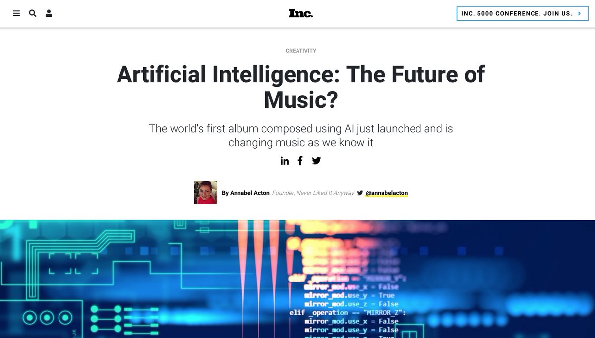 🤖 + 🎼 = 

Artificial Intelligence: The Future of Music? 

by <a href="/annabelacton/">bella acton</a> inc.com/annabel-acton/… via <a href="/Inc/">Inc.</a>