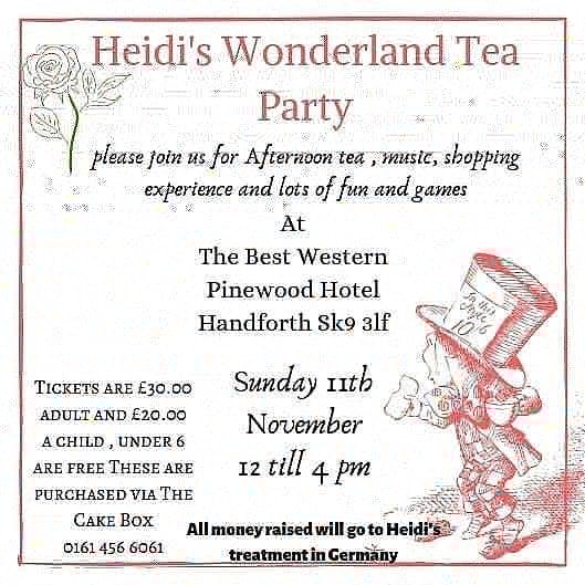 DaveDDecks's tweet photo. Join myself & a whole host of other people for #HeidisWonderland #TeaParty #fundraiser at The @BW_Pinewood in #Handforth #Cheshire #SK93LF #SaveHeidi
For more details contact the lovely Lisa from The @box_cake & go to the event page -
https://t.co/g7M8t2aSJ7 https://t.co/VvMHMshOA5