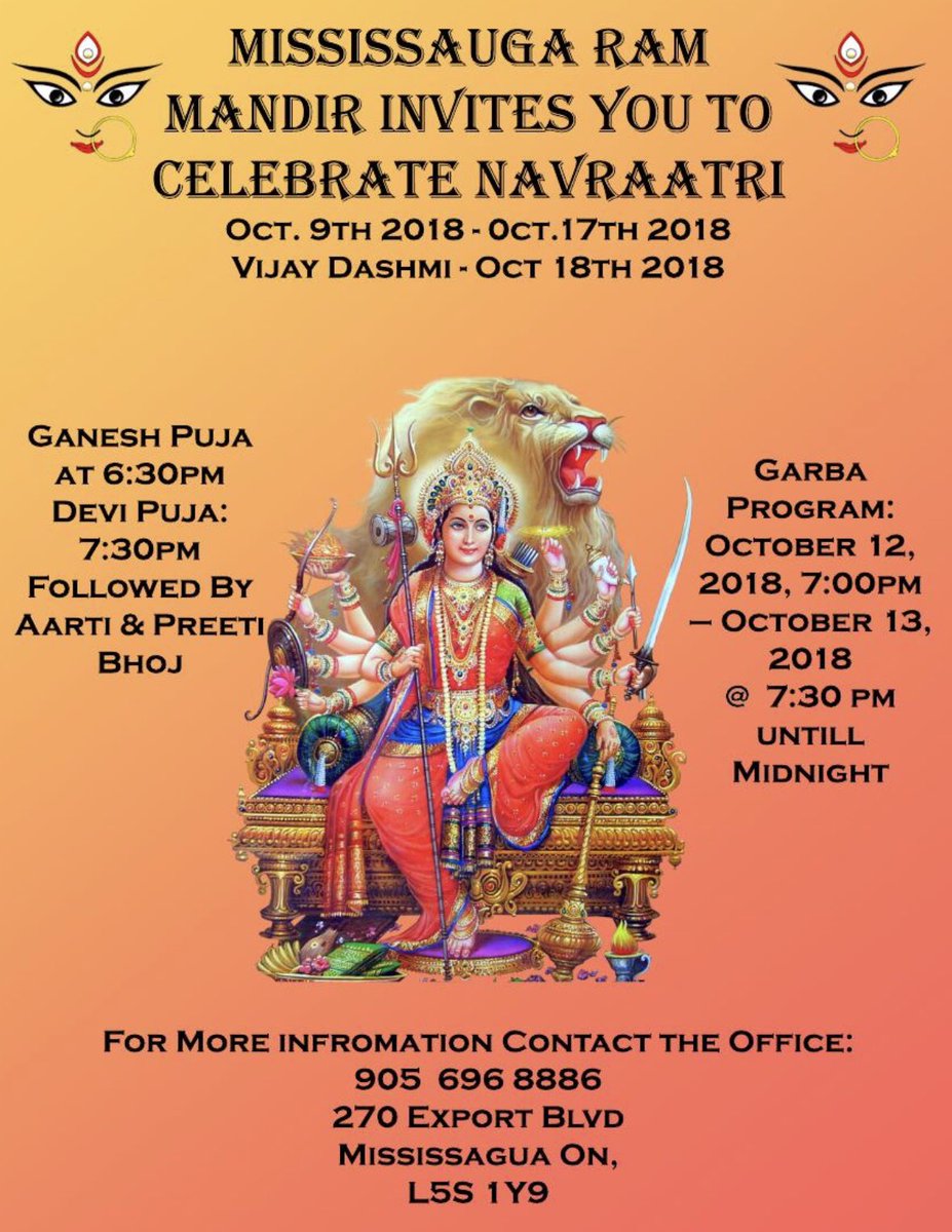 missrammandir's tweet photo. It’s that time of the year again!! Join us for our upcoming #Navratri celebrations. Commences on Oct. 9th until Oct. 18th! See flyer for more details #Mississauga #Brampton https://t.co/TzCOPJSOrk