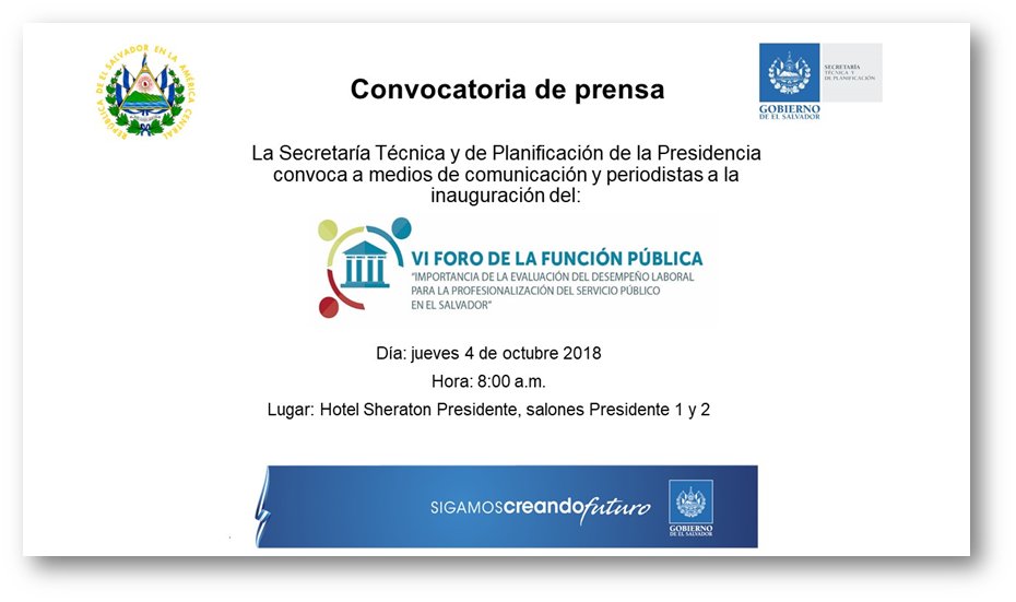 #ConvocatoriaDePrensa Vl Foro de la Función Pública 

🗓️Jueves 4 de octubre 
🕖8:00 a.m 
🏨Hotel Sheraton Presidente