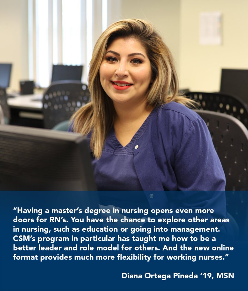 CSM_Omaha's tweet photo. "College of Saint Mary's MSN program has taught me how to be a better leader and role model for others. And the new online format provides much more flexibility for working nurses.” - Diana Ortega Pineda '19 #OnlineMSN https://t.co/HcxSILhnme