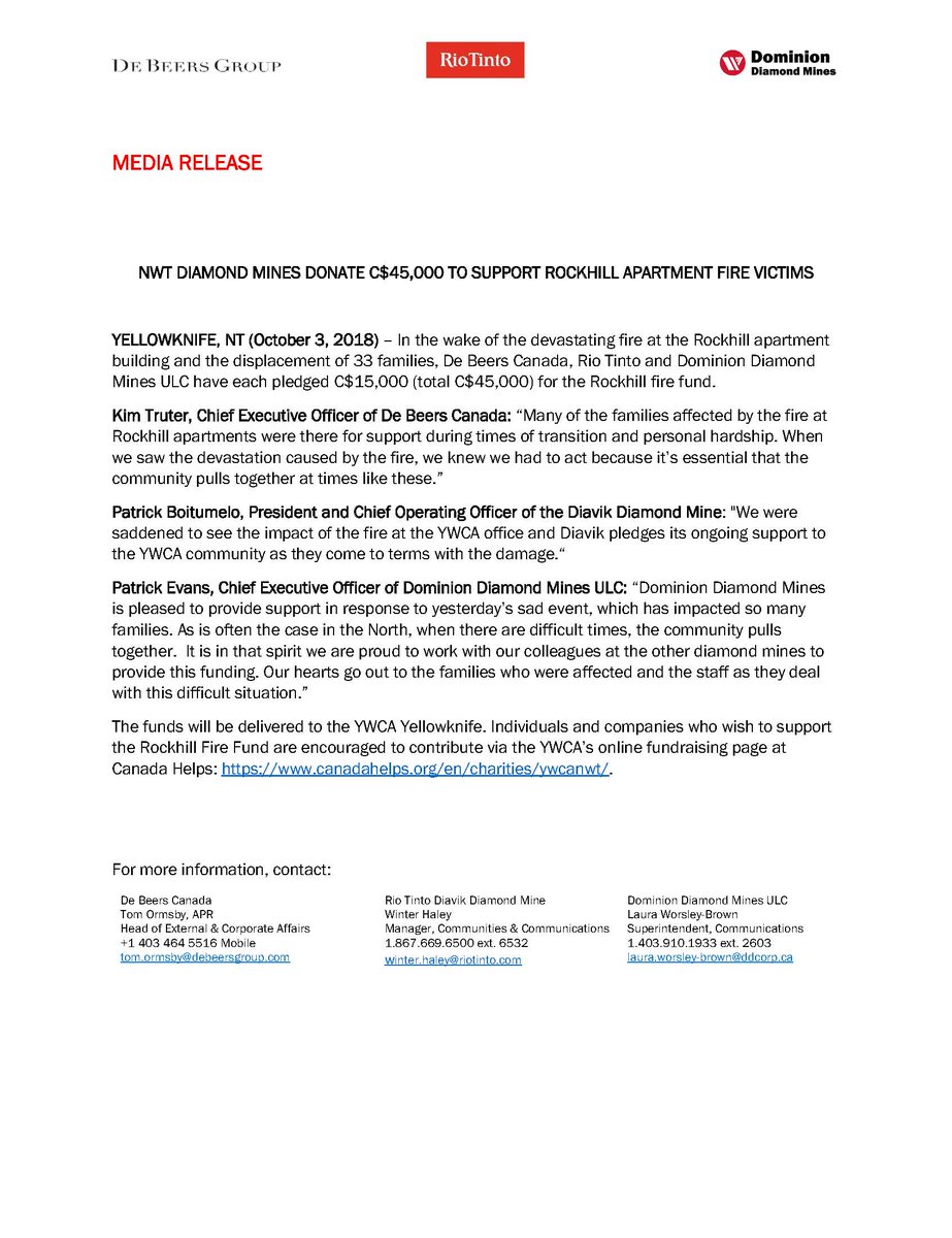 We are pleased to collaborate with our NWT mining partners <a href="/Diavik_NT/">Diavik Diamond Mine</a> &amp; #DominionDiamondMines in supporting the families affected by the <a href="/YWCANWT/">YWCA NWT</a> #RockhillApartment fire with a collective $45,000 donation to the #RockhillFireFund. #rockhillfire #yzf #YWCAYellowknife #ywcanwt