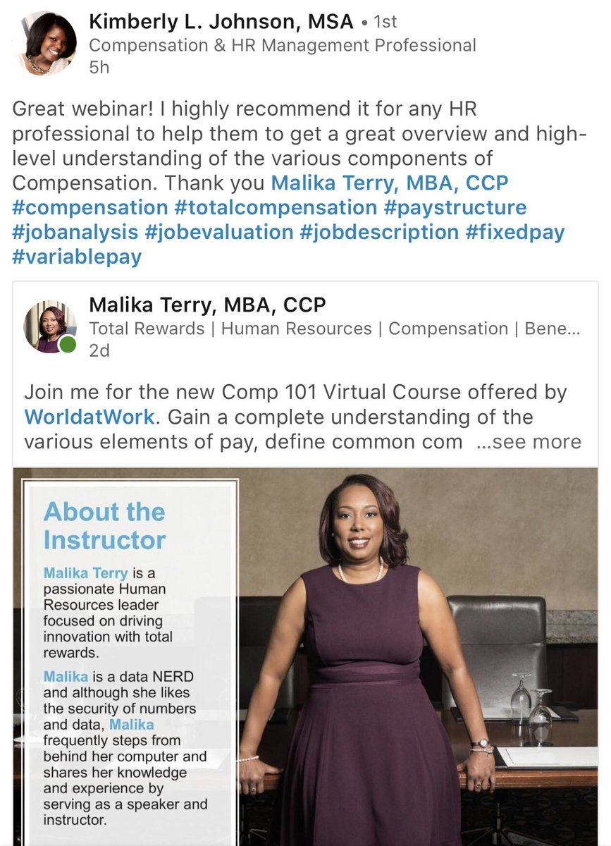 CompTalk101's tweet photo. Thank you to the team at WorldatWork for giving me an opportunity to host the new Compensation 101 virtual course. I am truly humbled by the praise and feedback from participants like Rashad Crum, MSHR and Kimberly L. Johnson, MSA #CompTalk101 #worldatwork #humanresources https://t.co/Ah2MPlBKfE