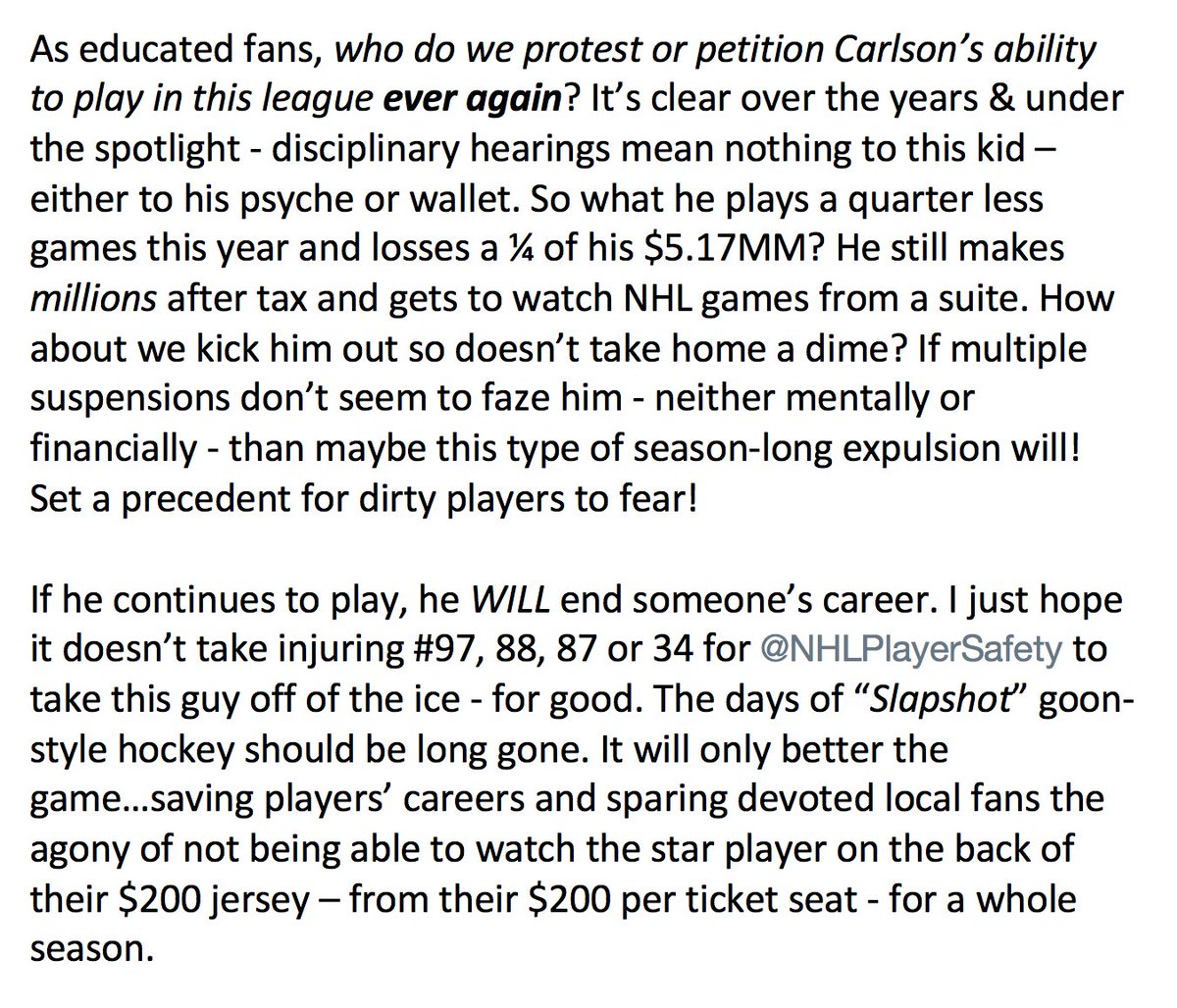 UNIONProtein's tweet photo. @NHLPlayerSafety @NHLNetwork Dear @NHLPlayerSafety &amp; @NHL, Re above tweet, pls read memo below from a 25-year NHL fan, ally &amp; lover of the game calling for a real solution to players like Carlson. Thanks, Steve https://t.co/baVgbyh4Wx
