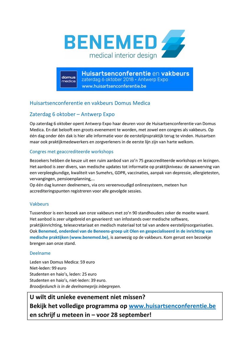 Nu zaterdag 6/10 welkom op de huisartsenconferentie en vakbeurs in Antwerp Expo