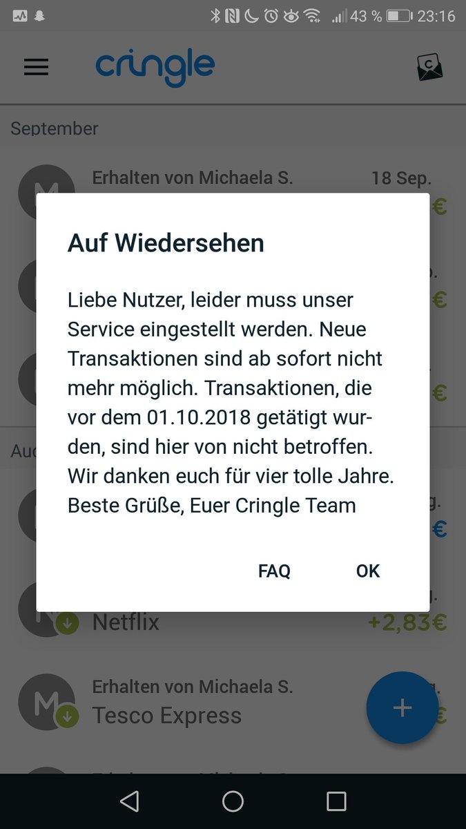 Die meiner Meinung nach beste p2p Payments App wird eingestellt. Sehr schade... <a href="/cringlenet/">Cringle</a>