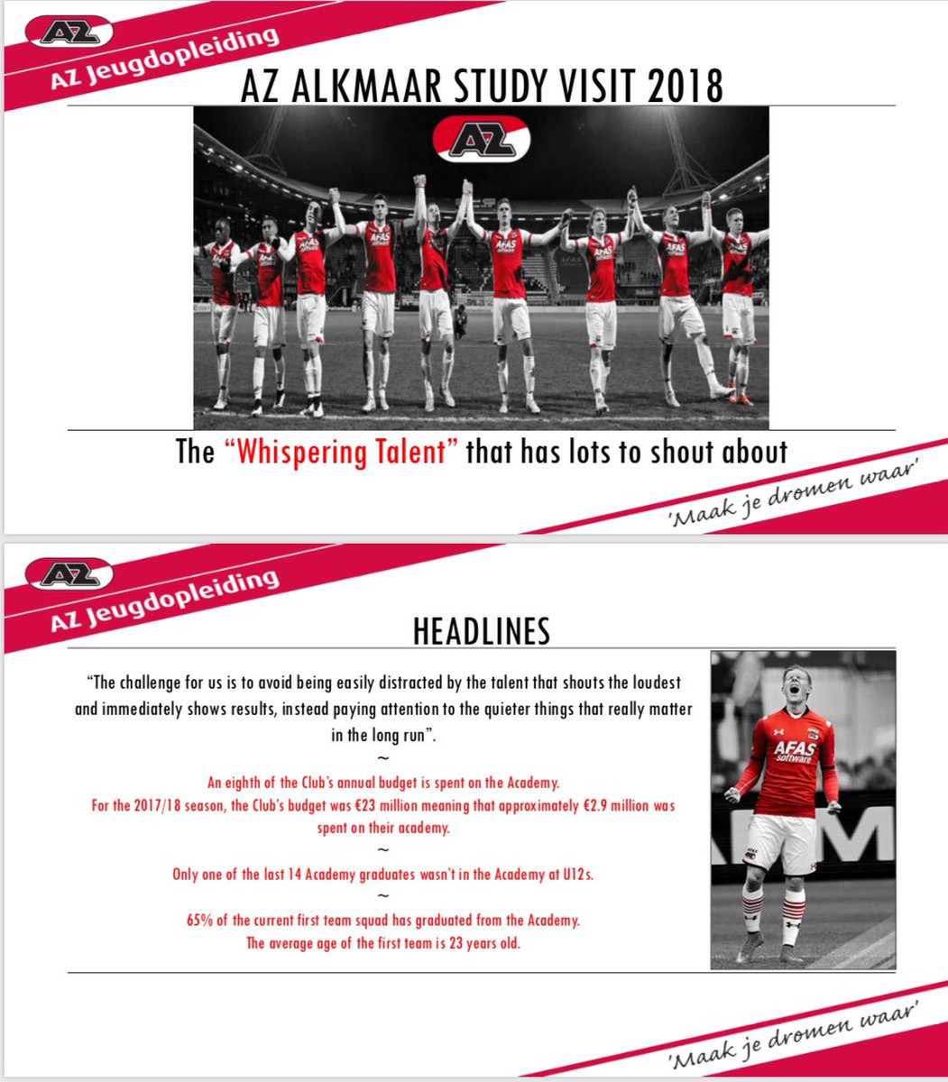 For those involved/interested in youth development, like, RT &amp; follow <a href="/g_mills84/">Graham Mills</a> for a link to a recent study visit presentation of AZ Alkmaar. A club where ‘whispering talent’ is identified &amp; nurtured to fulfil long-term potential. <a href="/CoachingFamily/">The Coaching Family</a> <a href="/CoachingManual/">The Coaching Manual</a>  <a href="/PlanItCoach/">Plan It Coach</a>