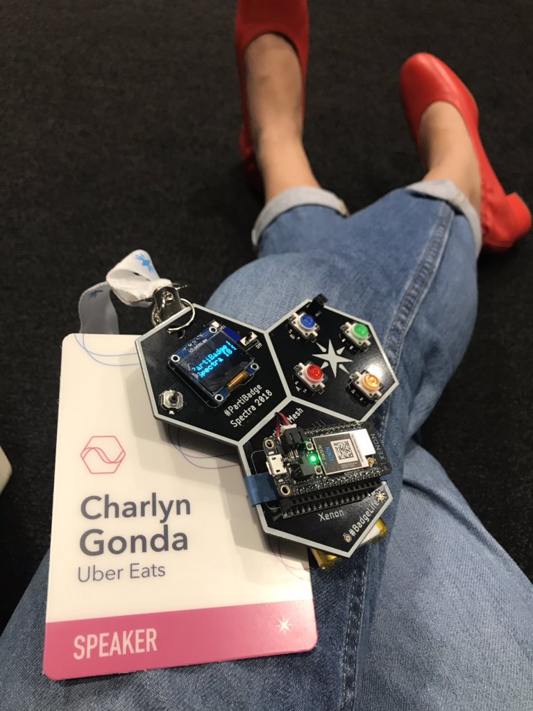 chardane's tweet photo. This #partibadge life is pretty awesome. @particle is benevolently trying to trick us into talking to each other (to connect to the mesh network, you have to use another badge) and itโs working! ๐๐ https://t.co/SFeH2jtySR