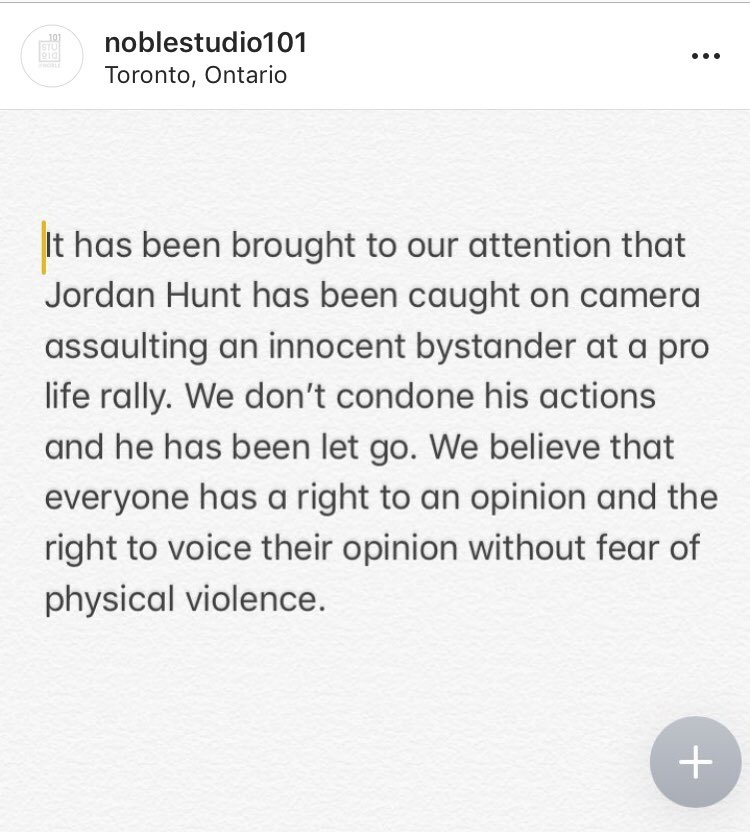 Fernando 🇨🇦 on Twitter: "GOOD: Jordan Hunt - who roundhouse kicked a pro-life - has been fired. Great job by Noble Studio 101. https://t.co/MqzepW14nH" / Twitter