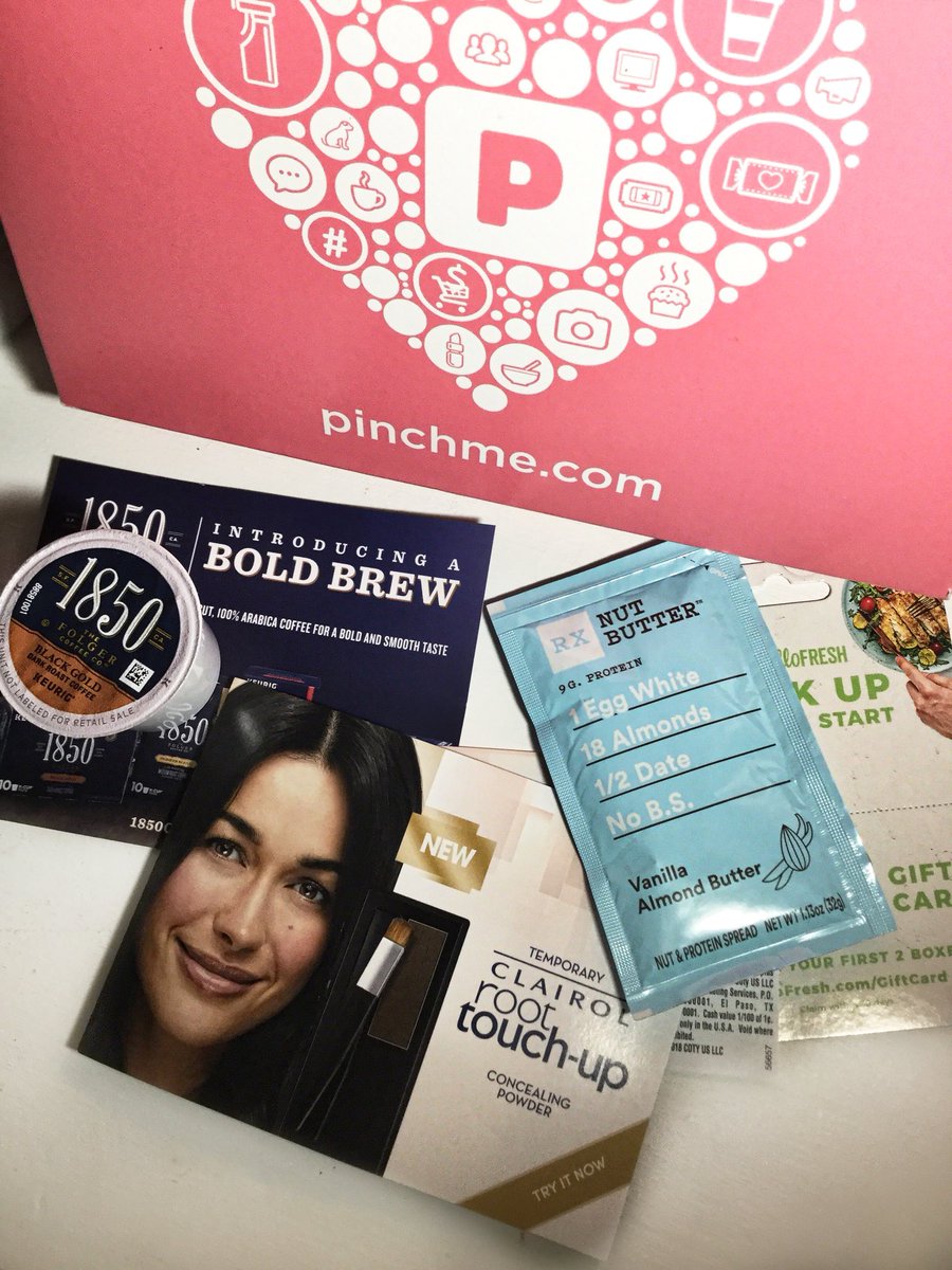 Bjohnnyt's tweet image. My #PinchMeSampleBox with some products I’ve been wanting to try before I buy. @ClairolColor @RXBAR @1850Coffee #HappyPincher @pinchme