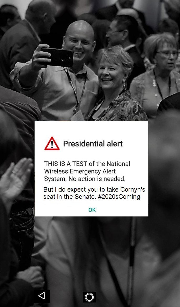 1anobody's tweet photo. @ZookZangsten @DwayneStovall
Erbody get their POTUS text today? You know I got mine. #2020sComing #BuByeCornyn #LessDCMoreTX https://t.co/EpKgBbR63e