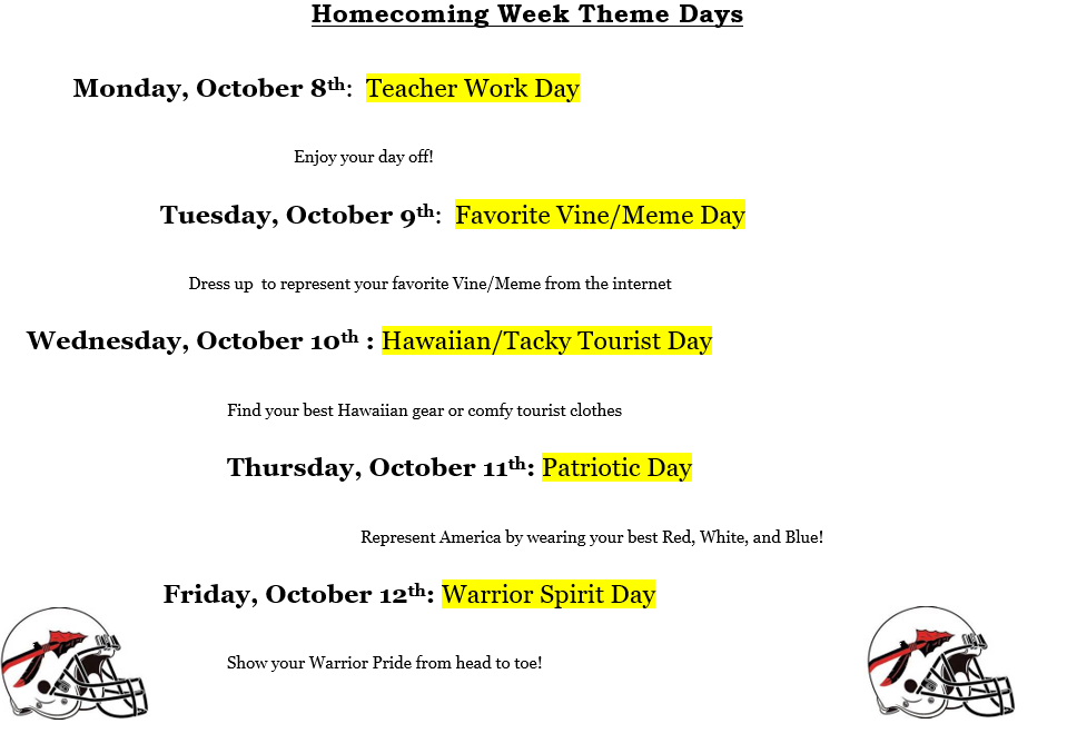 Homecoming week is next week! Get ready for the dress-up days! <a href="/CHS_Warriors/">Cherokee HS Warriors</a>